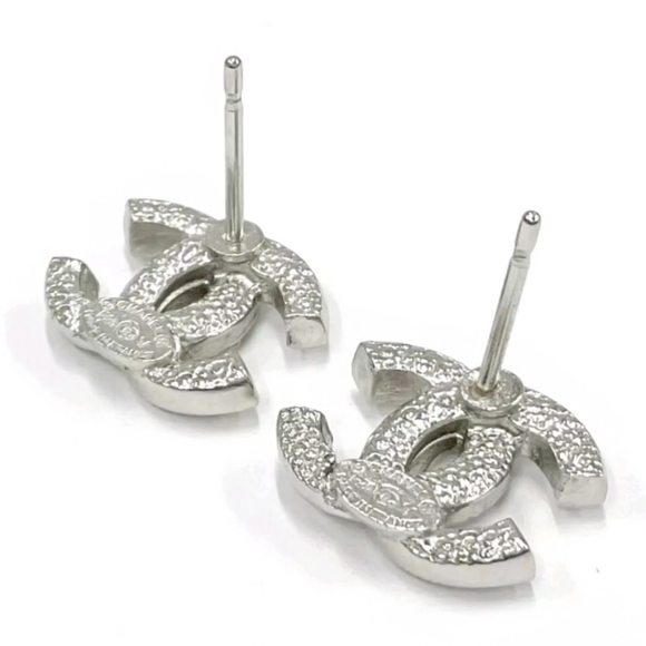 Chanel CC Logo statement earrings silver pave crystals Silver Petite - Picture 2 of 2